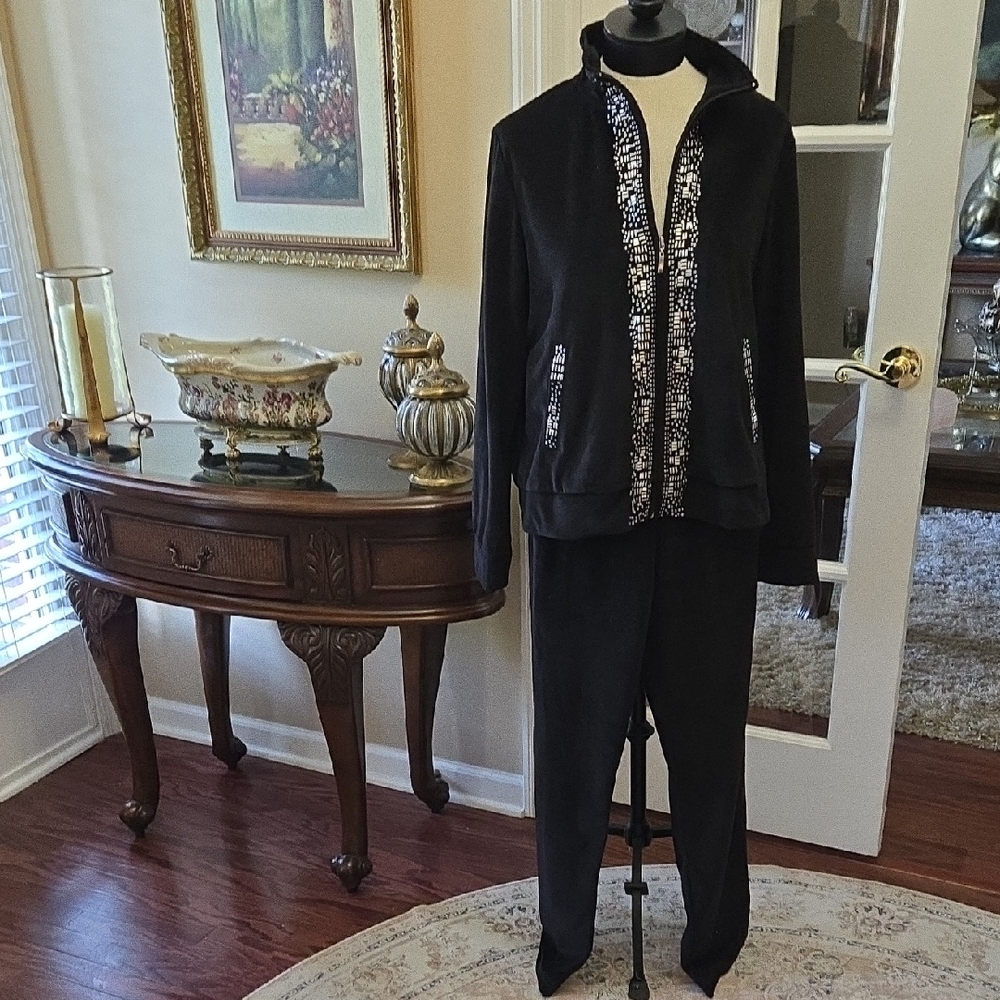 Black Embellished Velour Tracksuit Mirror Image Full Zip Long Slv Jacket  XL EUC